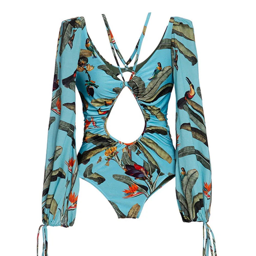 Long Sleeve Print One-Piece Swimsuit - Backless Bandage Monokini