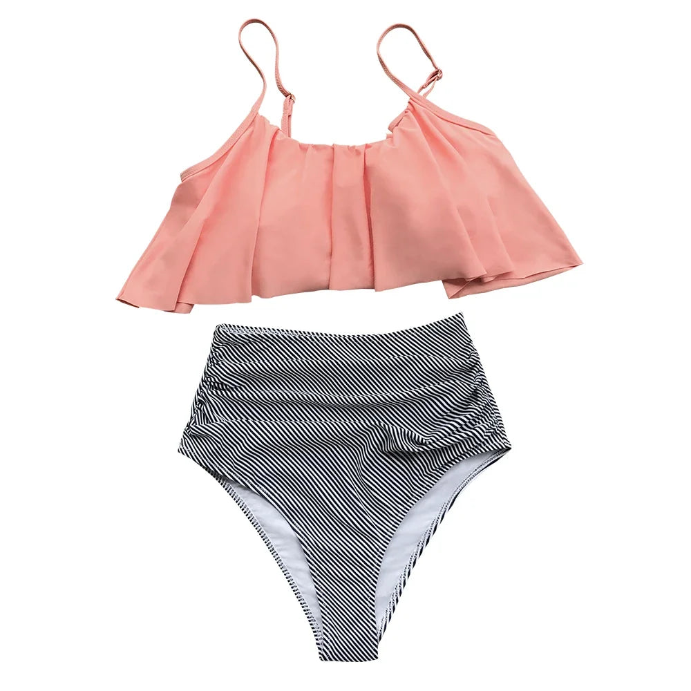 Pink Stripe High Waisted Bikini Set - Tank Top Swimwear