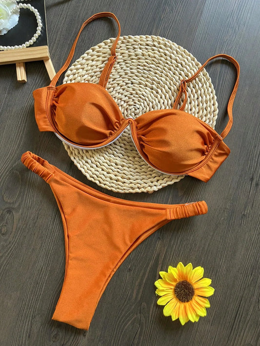 3D Flower V Wire Bikini Set - Underwired Thong Swimwear
