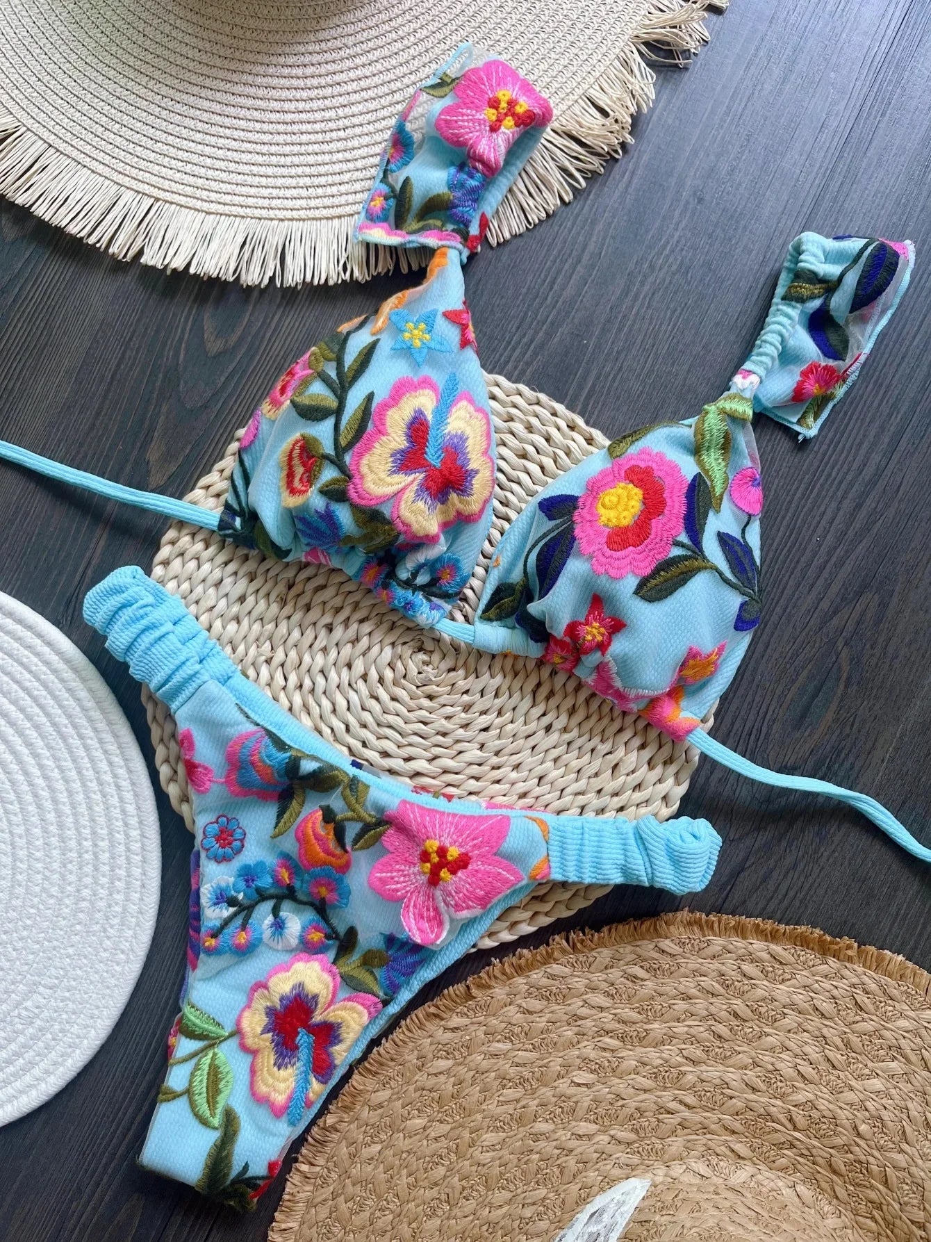 Handmade Embroidery Triangle Bikini Set - Brazilian Swimwear