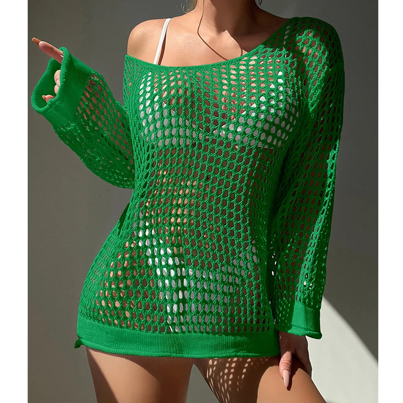 Loose Knit Cover Up Top - Hollow Out Sunscreen Smock