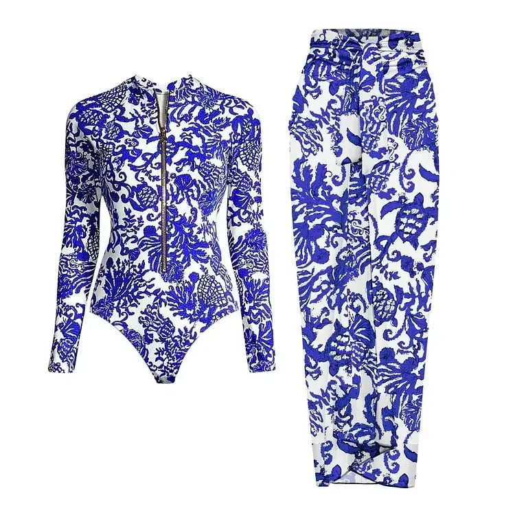 Long Sleeve Zip One-Piece Swimsuit - Surf Swimwear Set
