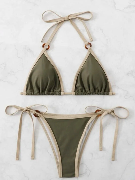 Green Ring String Bikini Set - Halter Thong Swimwear