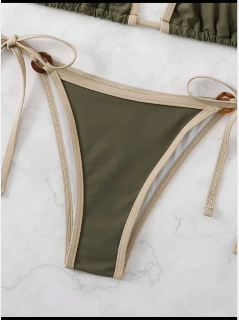 Green Ring String Bikini Set - Halter Thong Swimwear