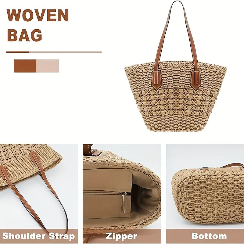 Bohemian Straw Basket Shoulder Bag - Large Capacity