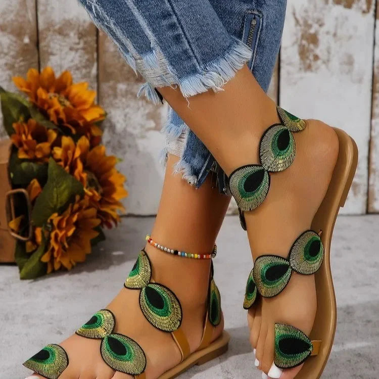 Embroidered Faux Flower Flat Sandals - Beach Comfort