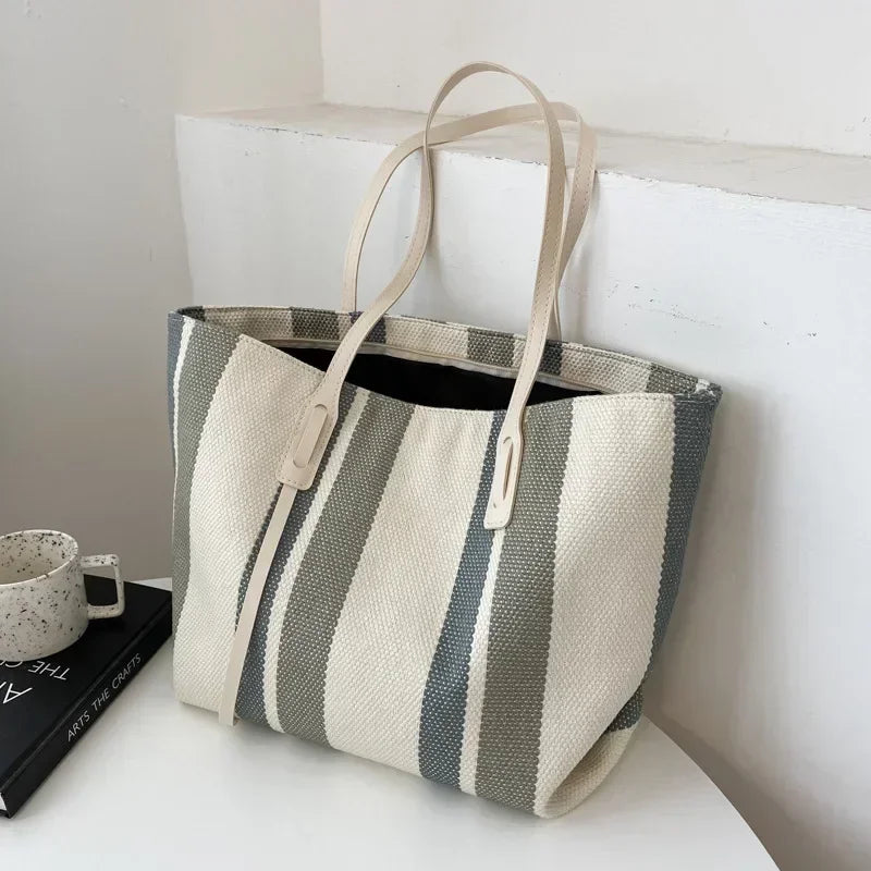 Striped Raffia Shopper Tote - Canvas Trim