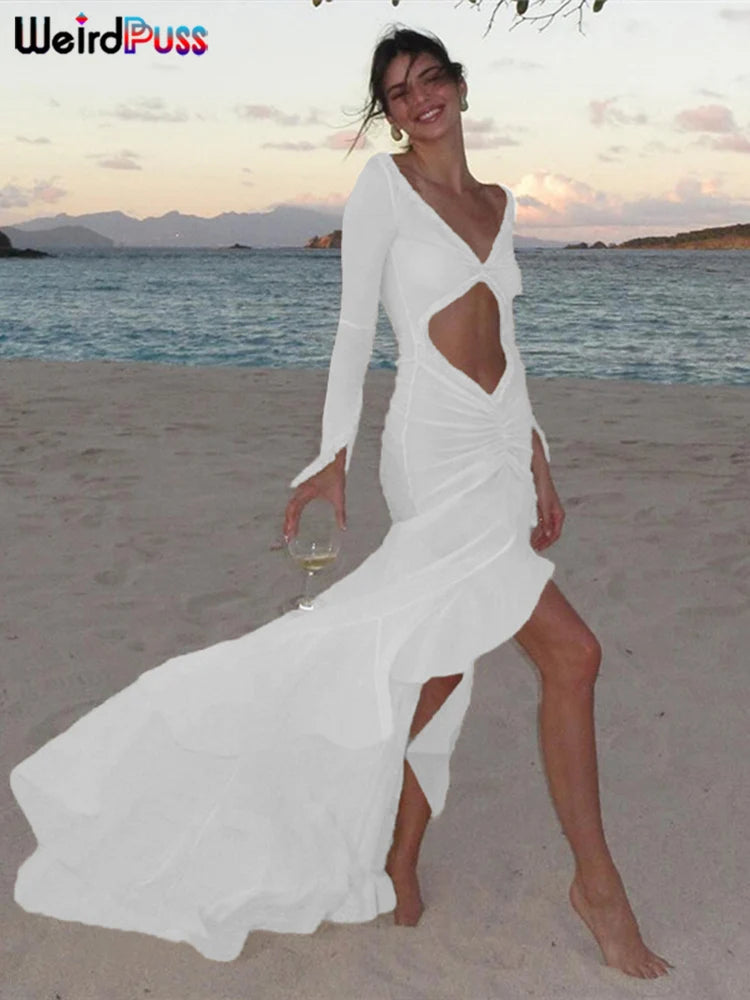 Sheer Split Beach Maxi Dress - Ruched V-Neck Cover Up