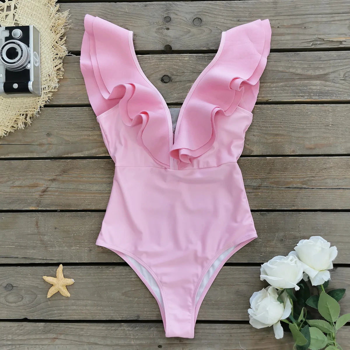 Floral Ruffle Deep V One-Piece Swimsuit - Porcelain Print Beachwear