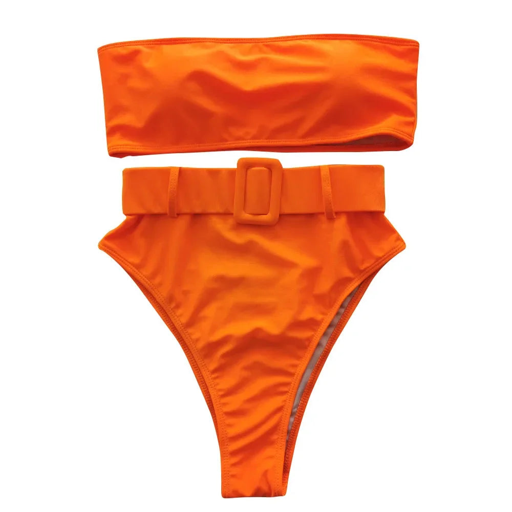 Solid Bandeau High Waist Bikini Set - Push Up Swimwear