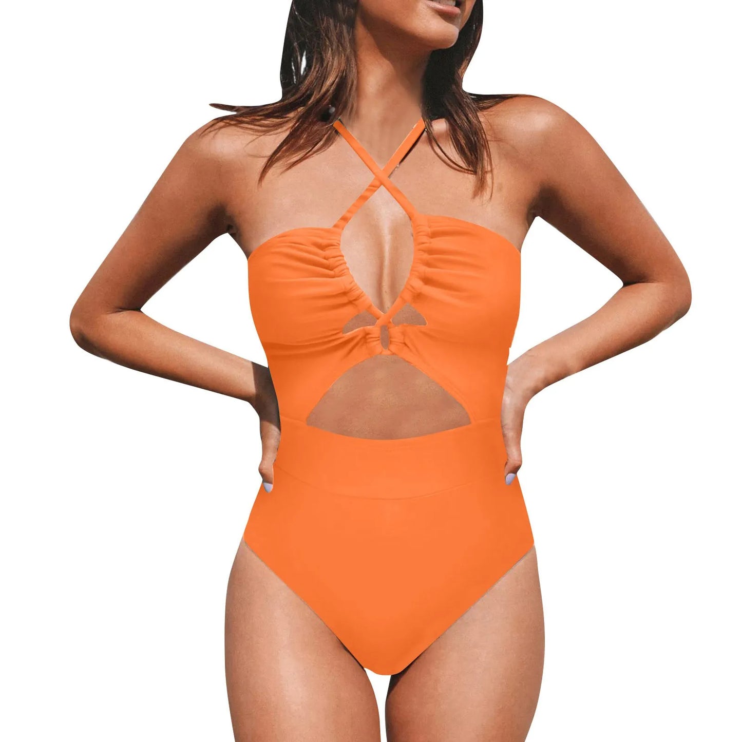 Cut-Out Push-Up Halter Monokini Swimsuit - Drawstring Detail