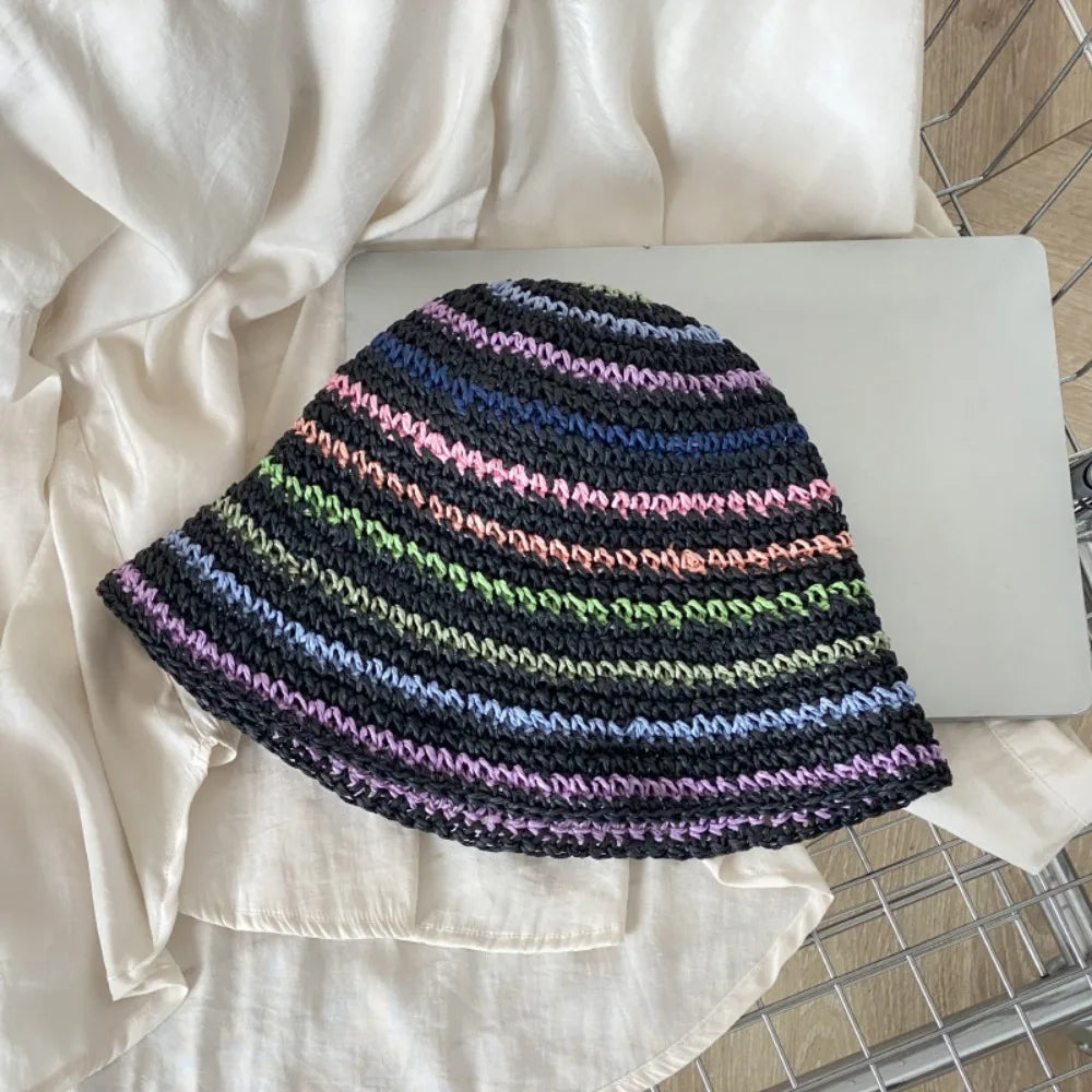 Handmade Rainbow Striped Straw Sun Hat