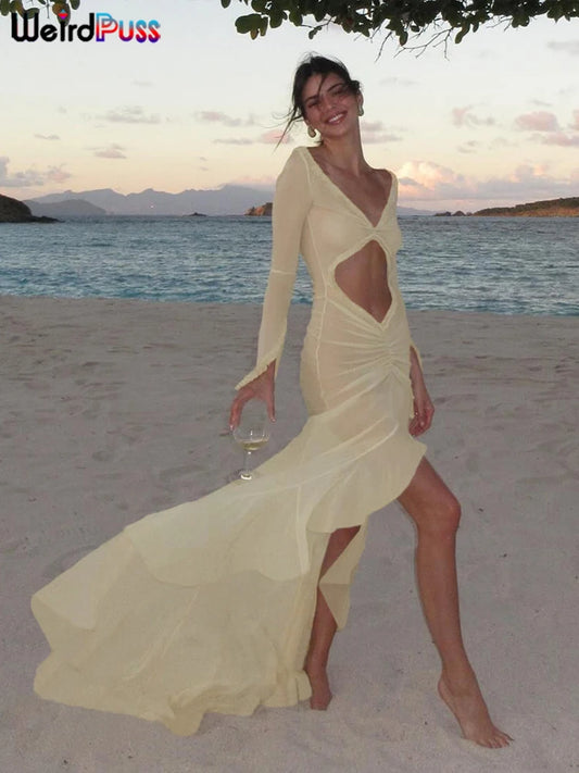 Sheer Split Beach Maxi Dress - Ruched V-Neck Cover Up