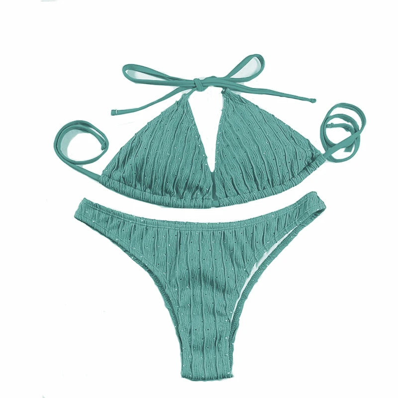 Jacquard Drawstring Bikini Set - Textured Two Piece Swimwear
