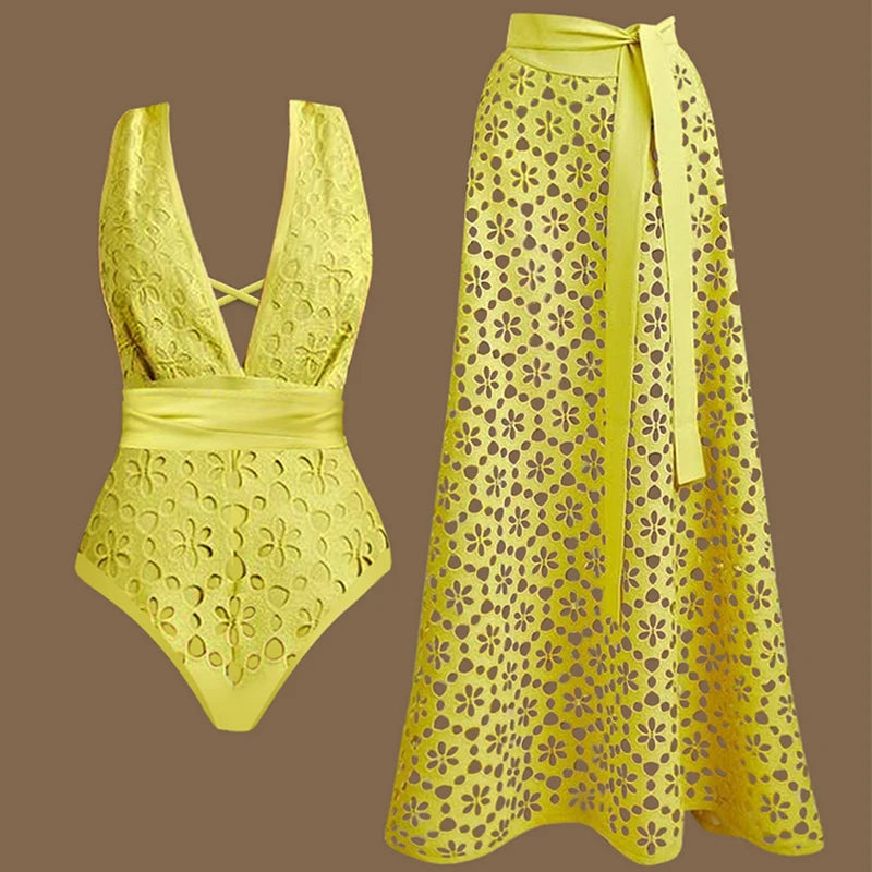 Deep V-Neck One-Piece Swimsuit - Backless