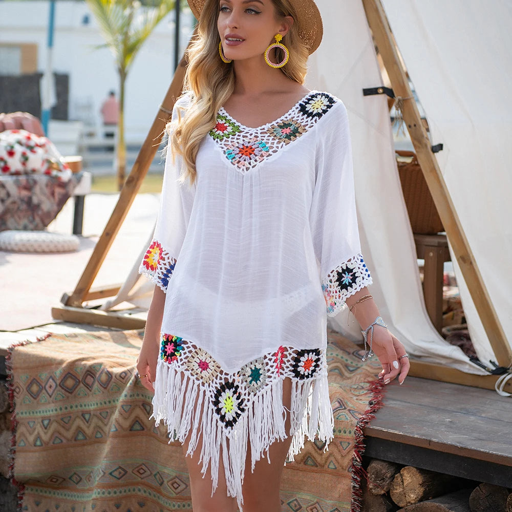 White Crochet Fringe Cover Up - Hollow Tunic Beachwear
