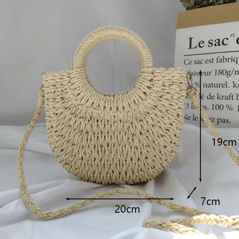 Handmade Moon-Shaped Straw Top Handle Bag