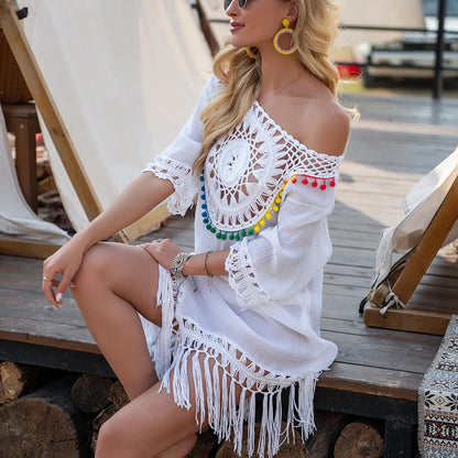 Crochet Fringe Tunic Cover Up - Hollow Beach Dress