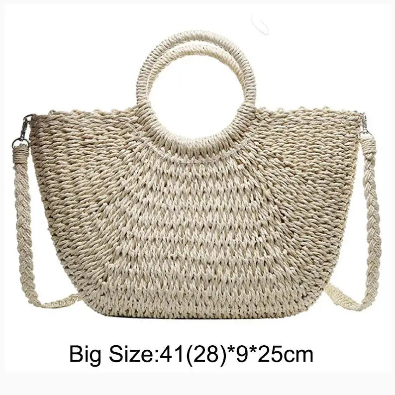 Handmade Moon-Shaped Straw Top Handle Bag