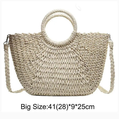 Handmade Moon-Shaped Straw Top Handle Bag
