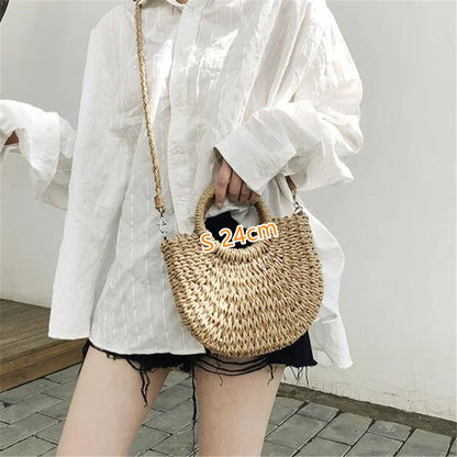 Handmade Moon-Shaped Straw Top Handle Bag