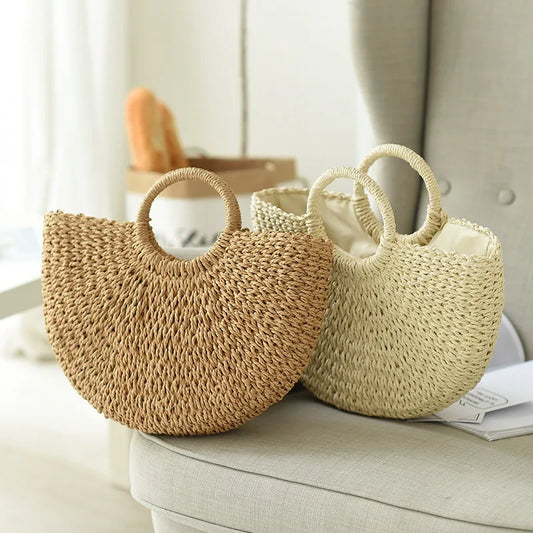 Handmade Moon-Shaped Straw Top Handle Bag