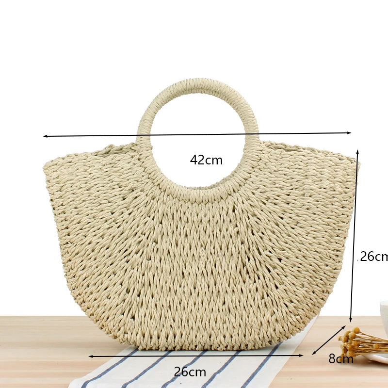 Handmade Moon-Shaped Straw Top Handle Bag