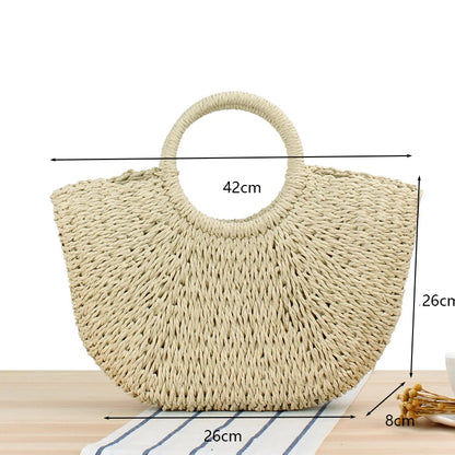 Handmade Moon-Shaped Straw Top Handle Bag