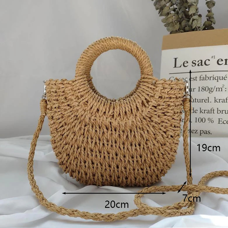 Handmade Moon-Shaped Straw Top Handle Bag