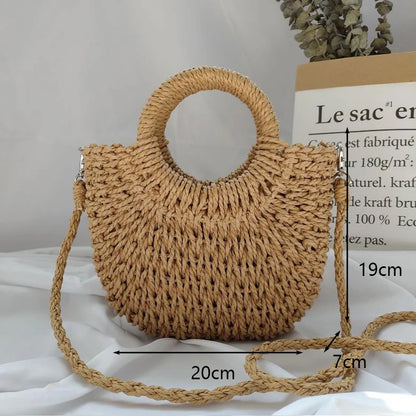 Handmade Moon-Shaped Straw Top Handle Bag