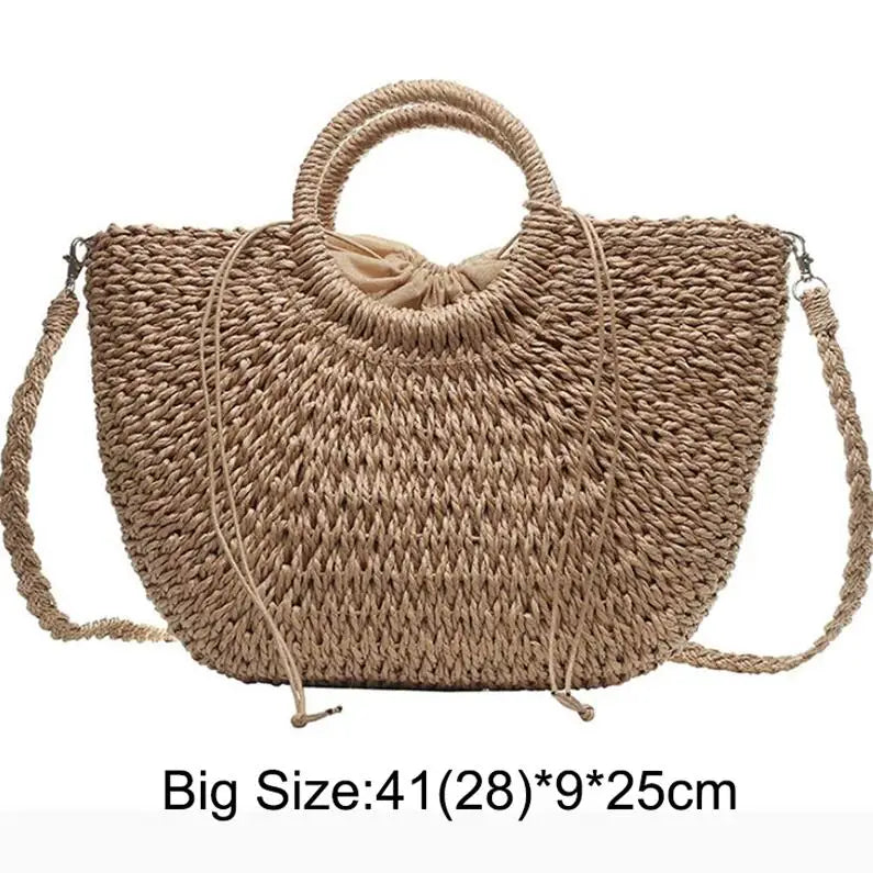 Handmade Moon-Shaped Straw Top Handle Bag