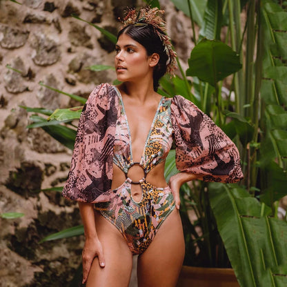 Retro Print Long Sleeve One-Piece Swimsuit - Strappy Monokini