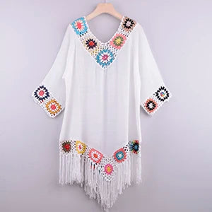 White Crochet Fringe Cover Up - Hollow Tunic Beachwear