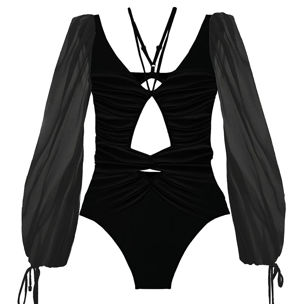 Long Sleeve Print One-Piece Swimsuit - Backless Bandage Monokini