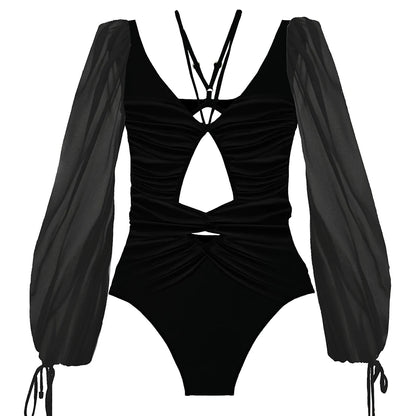 Long Sleeve Print One-Piece Swimsuit - Backless Bandage Monokini