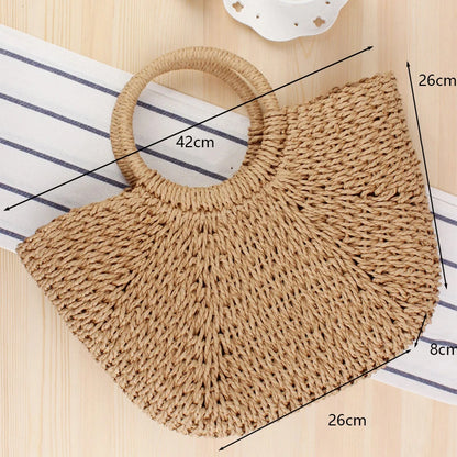 Handmade Moon-Shaped Straw Top Handle Bag