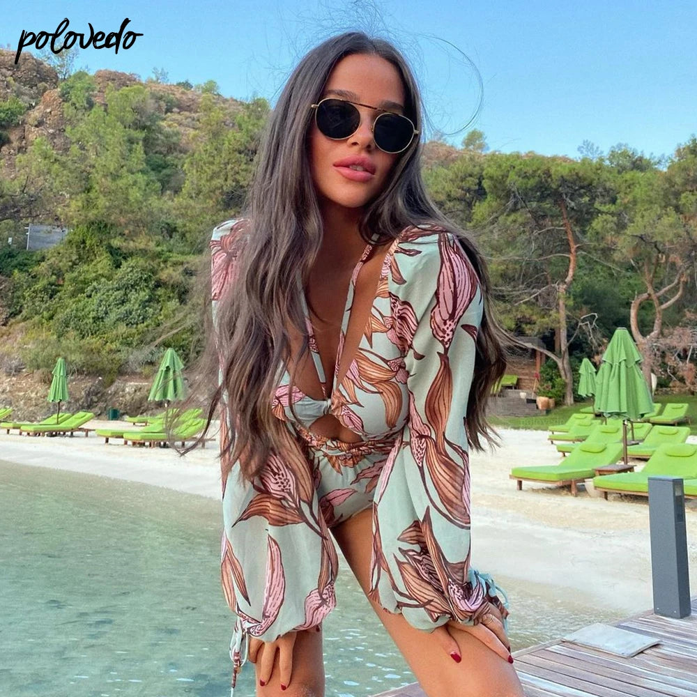 Long Sleeve Print One-Piece Swimsuit - Backless Bandage Monokini