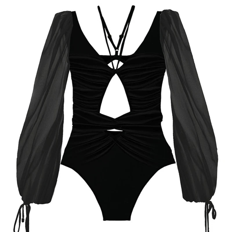 Retro Print Long Sleeve One-Piece Swimsuit - Strappy Monokini