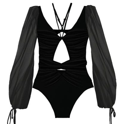 Retro Print Long Sleeve One-Piece Swimsuit - Strappy Monokini