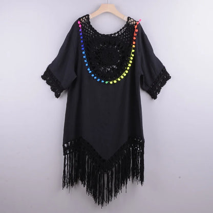 Crochet Fringe Tunic Cover Up - Hollow Beach Dress