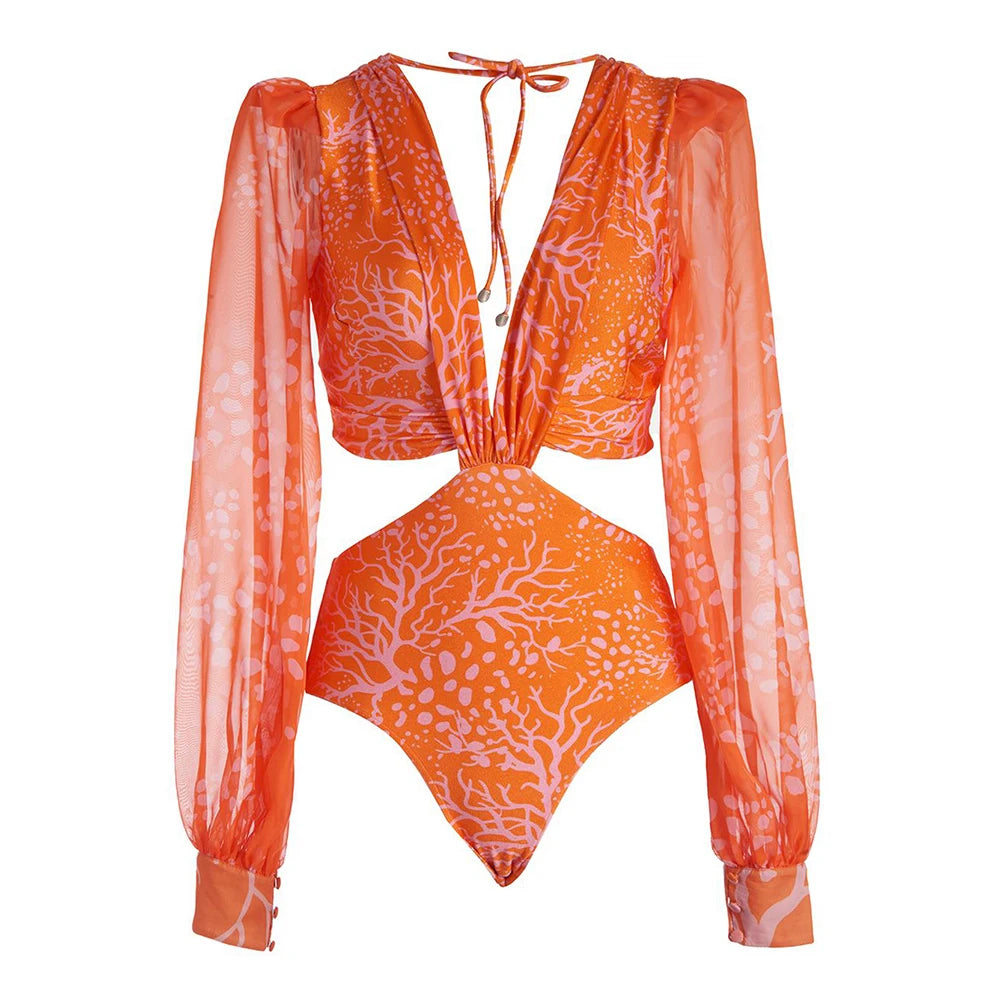 Long Sleeve Print One-Piece Swimsuit - Backless Bandage Monokini
