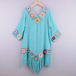 White Crochet Fringe Cover Up - Hollow Tunic Beachwear