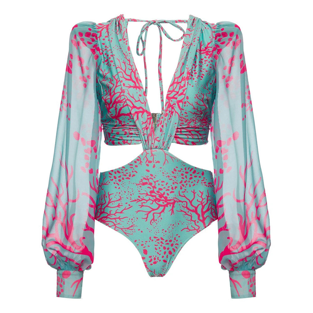 Long Sleeve Print One-Piece Swimsuit - Backless Bandage Monokini