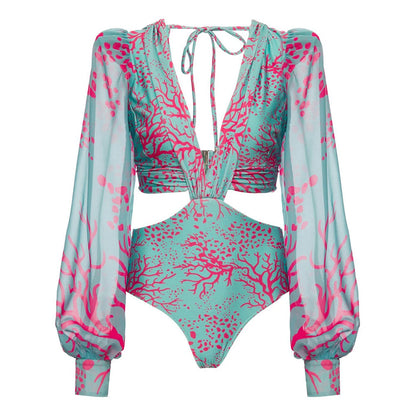 Long Sleeve Print One-Piece Swimsuit - Backless Bandage Monokini