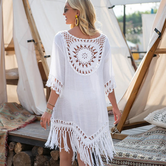 CROCHET BIKINI Bikini Cover Up With Fringe Trim Women Sexy Hollow Tunic Beach Dress Summer Bathing Suit Beachwear