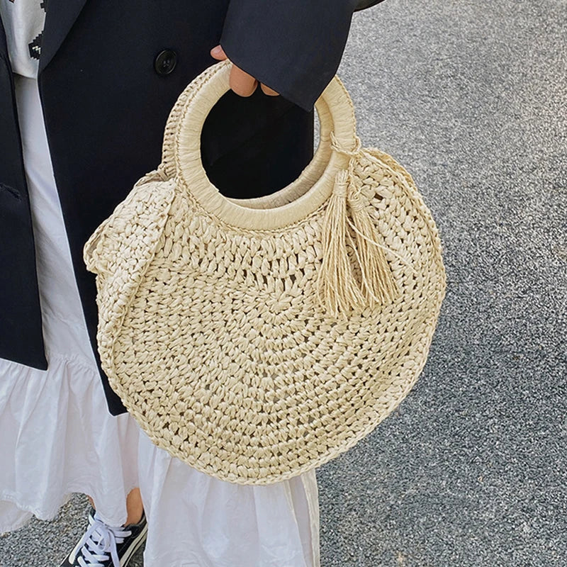 Large Capacity Rattan Straw Shopper Tote - Wood Handle