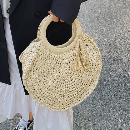 Large Capacity Rattan Straw Shopper Tote - Wood Handle