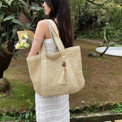 Bohemian Straw Weave Tote Bag - Tassel Accent