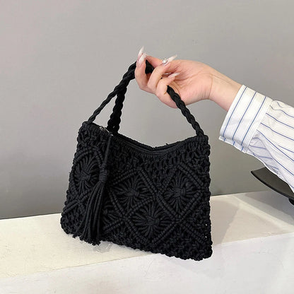 Woven Hollow-Out Straw Crossbody Bag - Tassel Detail