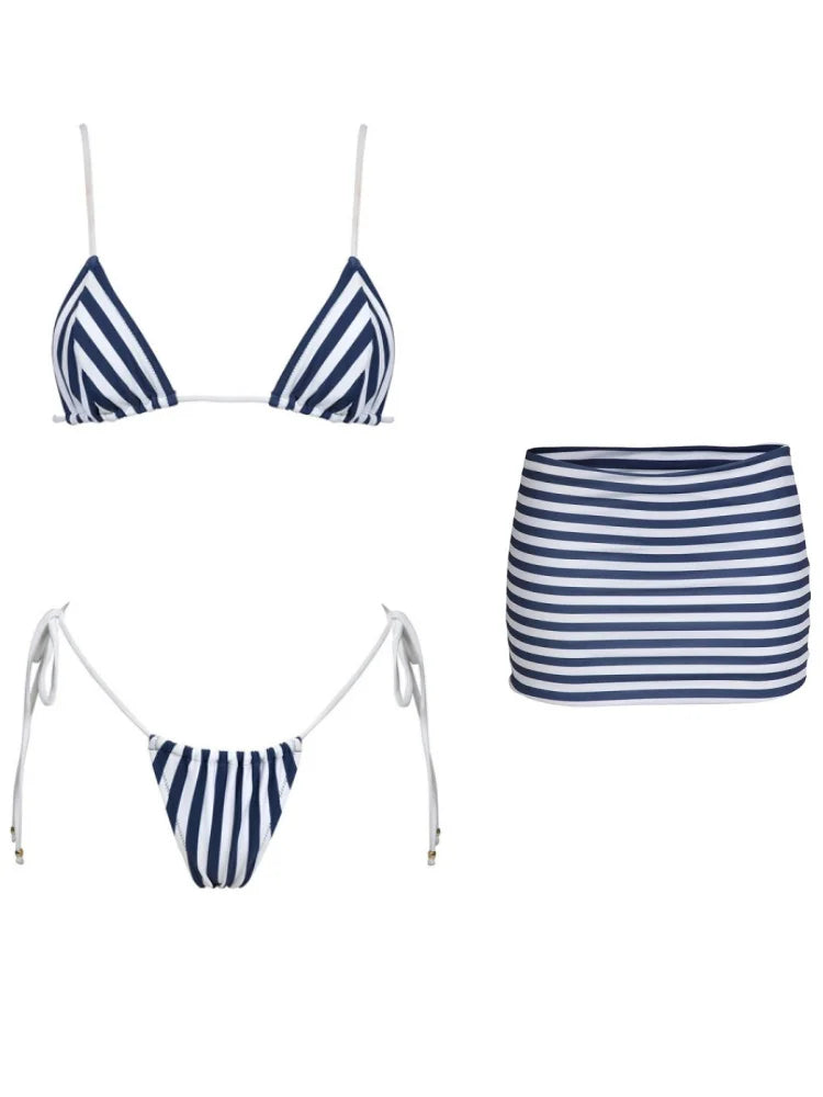 Striped Three-Piece Triangle Bikini Set - Cover-Up Beachwear